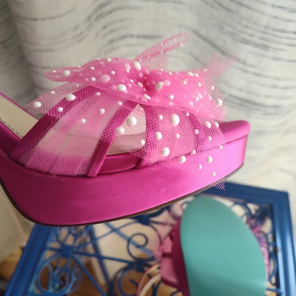 Betsey Johnson Hot Pink Tulle Bow Slingback Heels peep toe - Picture 13 of 16